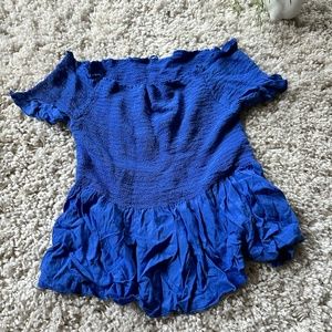 Cute vintage frilly flowy preppy blue bell short sleeve belly summer shi…
